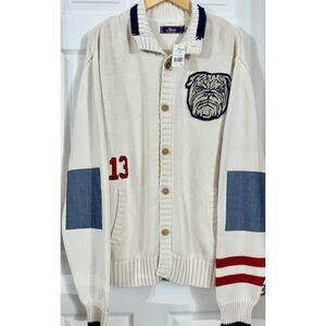 Akoo Cardigan Sweater Embroidered Bulldog Dog Knit ElbowPatch Button 2XL Varsity